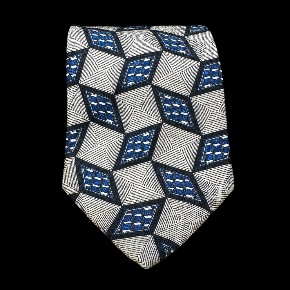 JZ Richards Nordstrom Mens Silk Tie Blue Silver Geometric Diamond Made in USA